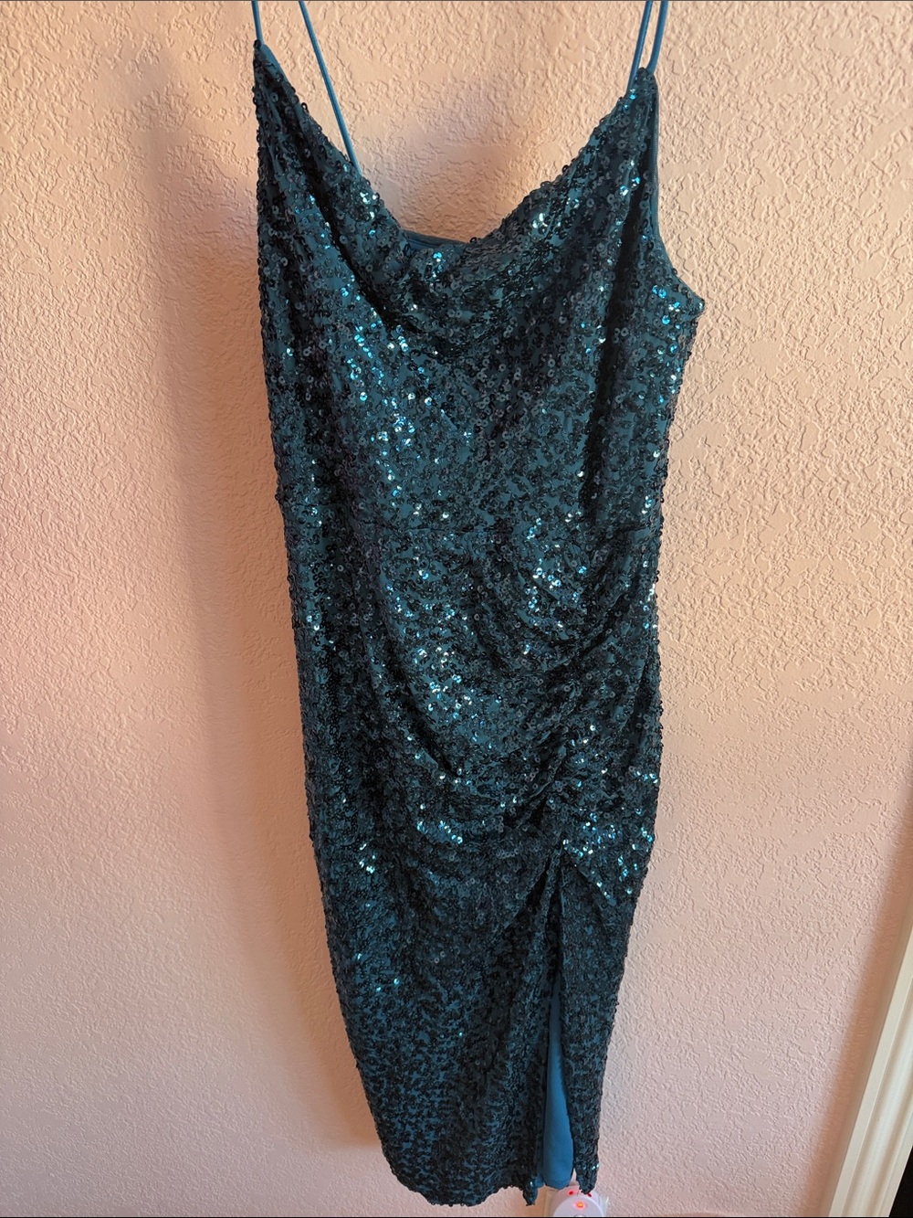 Sequined Cowl Neck Slip Dress in Teal